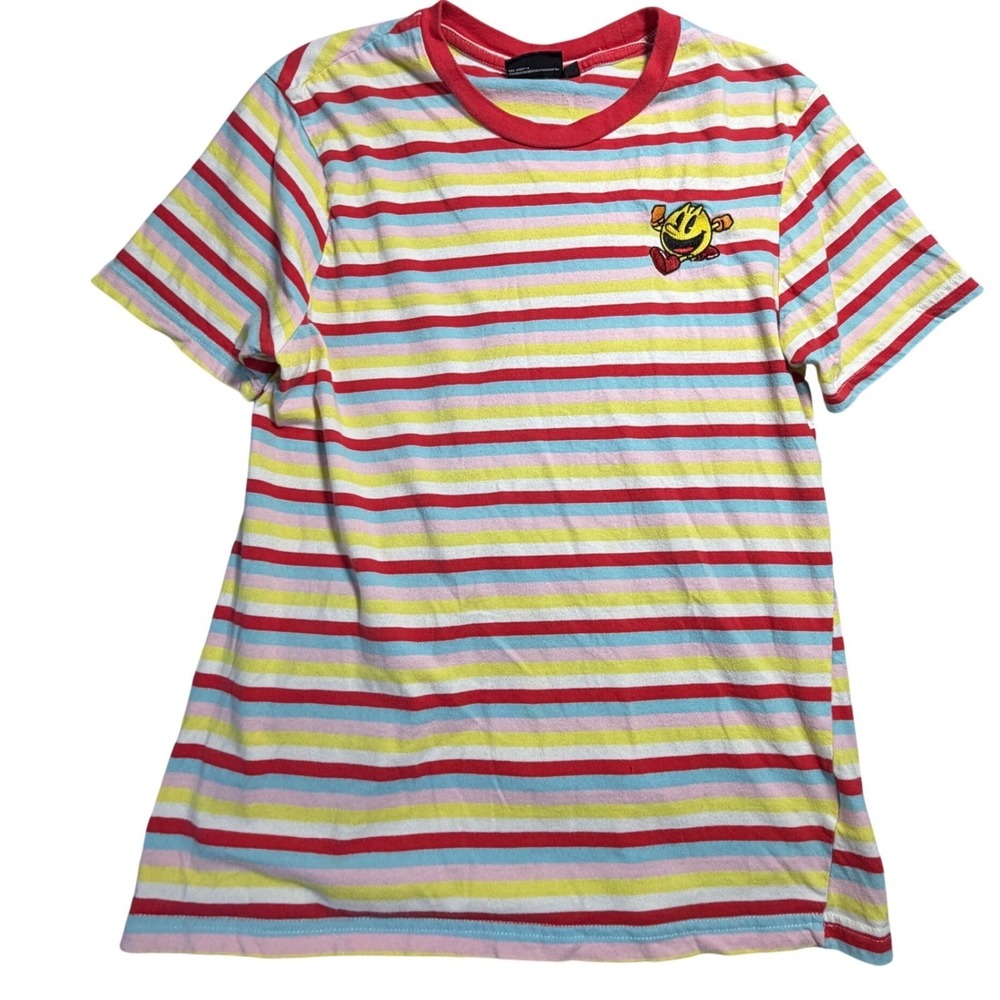Pac-Man Striped Ringer T-Shirt Mens Medium Retro Gaming Embroidered Cotton Tee